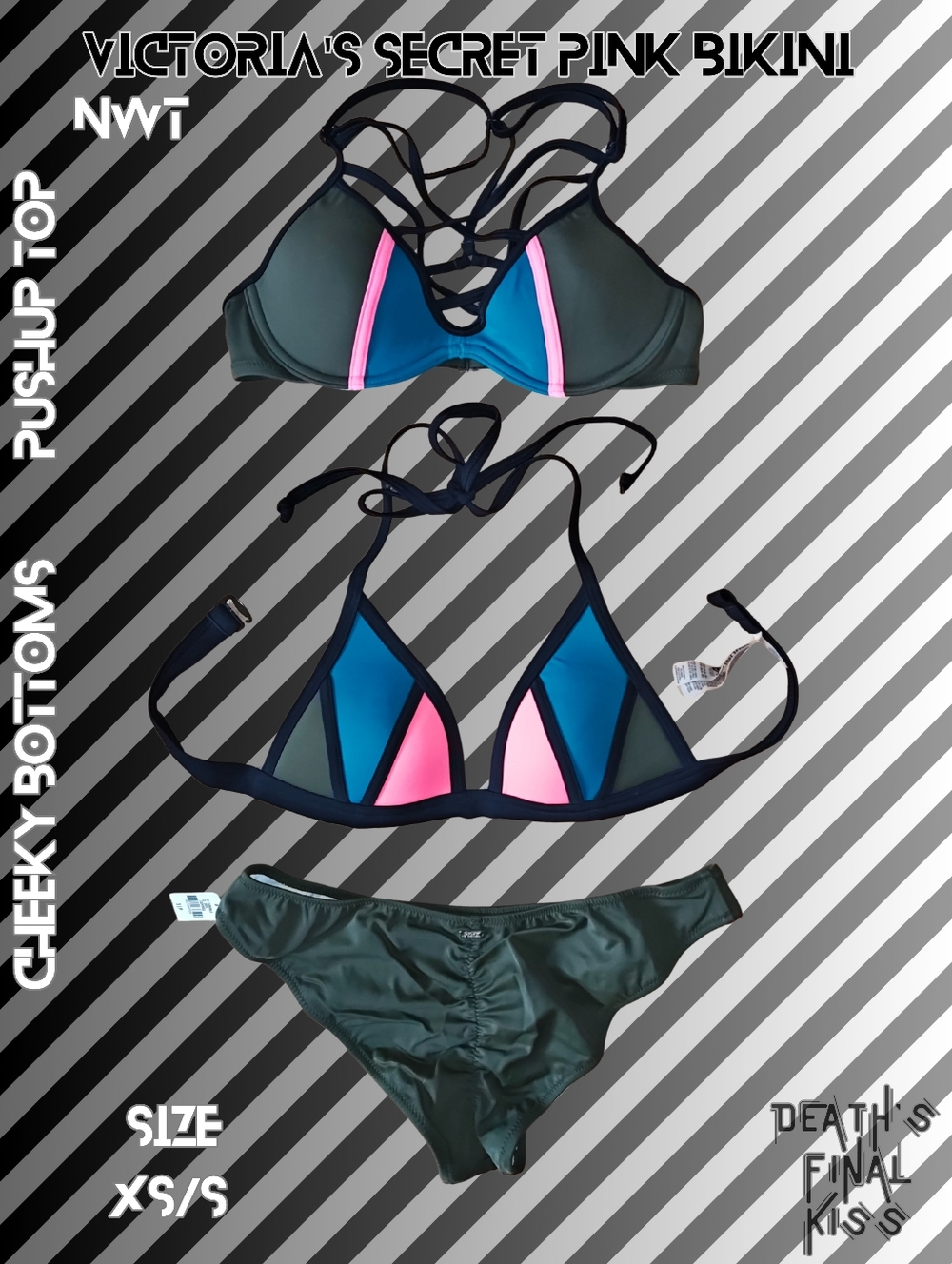 Victoria's Secret PINK Teal Olive Green Black Caged Pushup Ruched Cheeky Bikini
